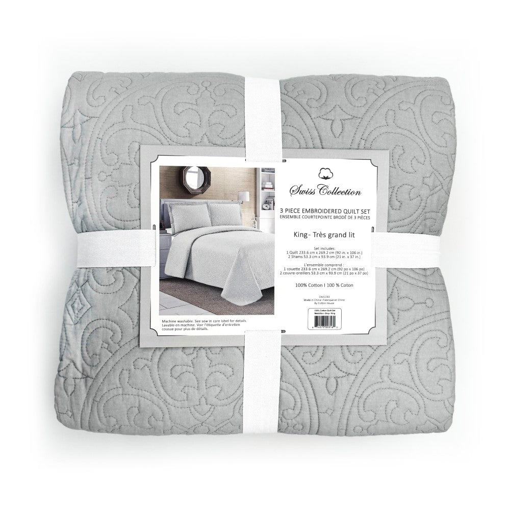 3PC Embroidered Quilt Set 100% Cotton Swiss Collection. Medallion