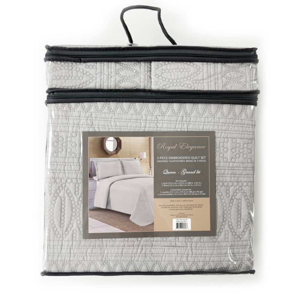 3PC Embroidered Quilt Set 100% Cotton Swiss Collection. Medallion